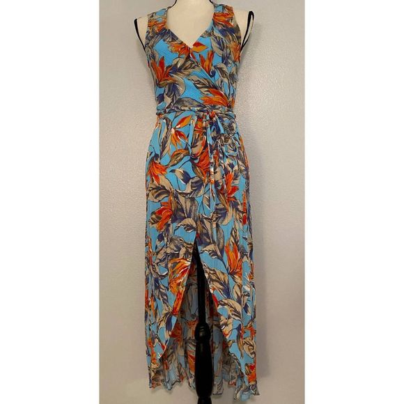 Mahina Maui Boutique Long Wrap Dress Sundress Floral Open Back Hi-Lo Hemline M - Picture 1 of 12